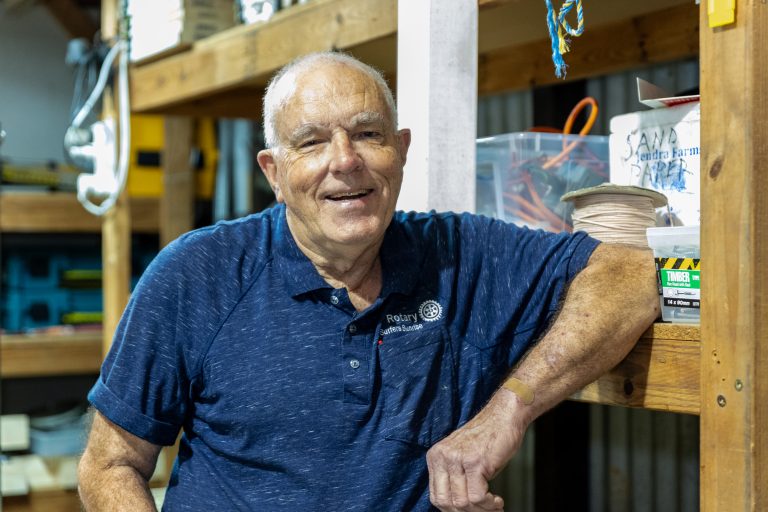 Bryan Tuesley - Rotary promo Rotary member Bryan Tuesleys. Members of the Rotary Club of Surfers Sunrise, Australia, and other volunteers construct wheelchairs from recycled bicycles. Through the Sunrise Wheelchair Trust project, the club raises funds and provides mobility assistance equipment for children with disabilities around the world, primarily in Southeast Asia, the South Pacific and Africa. 7 October 2023. Arundel, Queensland, Australia.